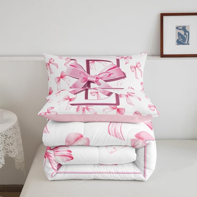 jejeloiu Kids Girls Cute Pink Bow Comforter Set Full Size Monogrammed Bedding Set Ultra Soft Personalized Initial E Duvet Quilt Coquette Bow Knot Quilt Set Room Decor Modern Fashion Comforter