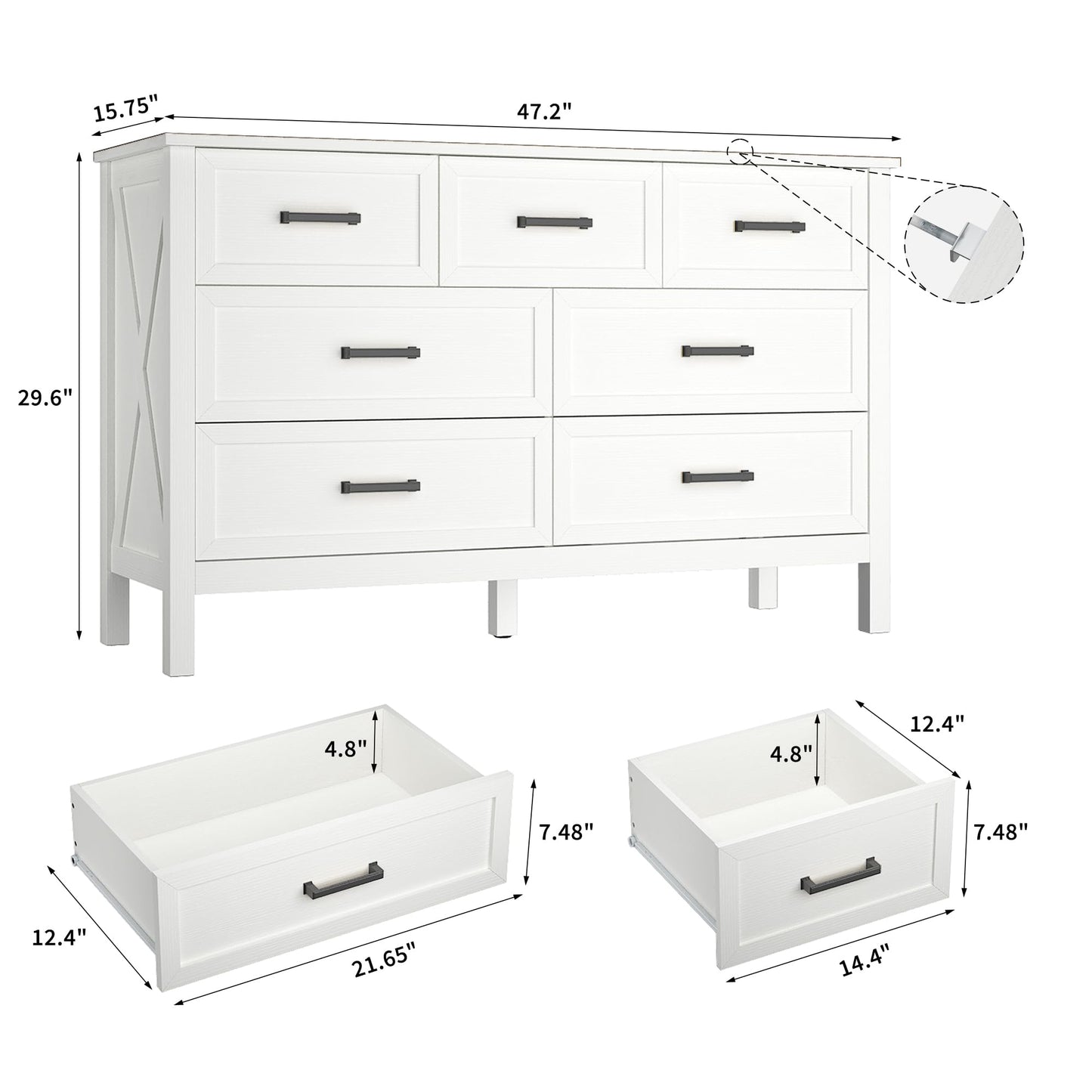 BAZELOR Farmhouse Dresser for Bedroom, 7 Drawers Dresser with Natural Texture, Wood Rustic Wide Chest for Bedroom, Hallway, Entryway, White