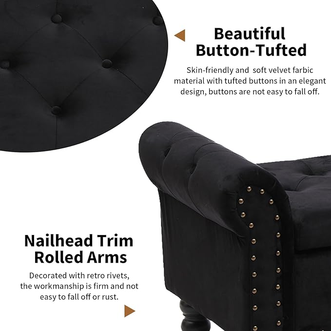 Storage Ottoman Bench with Arms, Velvet End of Bed Bench for Bedroom, Button Tufted Storage Bench for Entryway, Living Room,Hallway, Large Storage Bench Foot Rest (New Black)