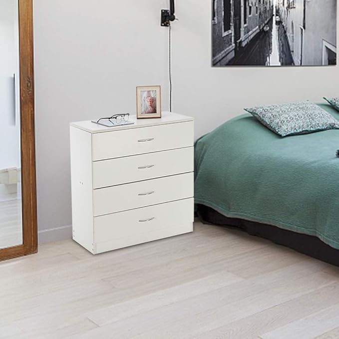 White Night Stand, Bedside Table/Nightstand with 4 Drawers, Compact Side Table for Bedroom, College Dorm & Living Room, Wooden End Table Bedroom