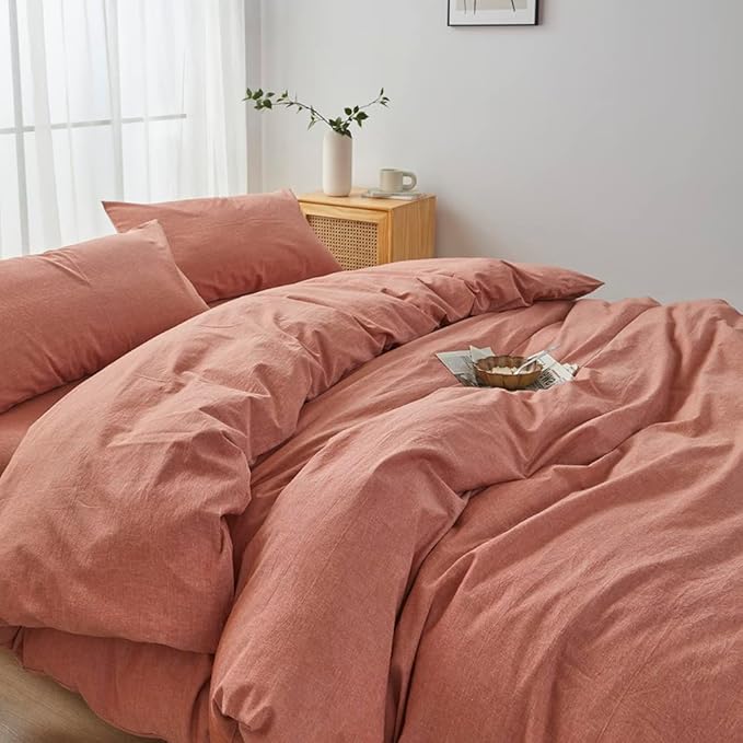FACE TWO FACE Bedding Duvet Cover Set 3 Pieces 100% Washed Cotton Duvet Cover Linen Like Textured Breathable Durable Soft Comfy (Queen, Caramel)