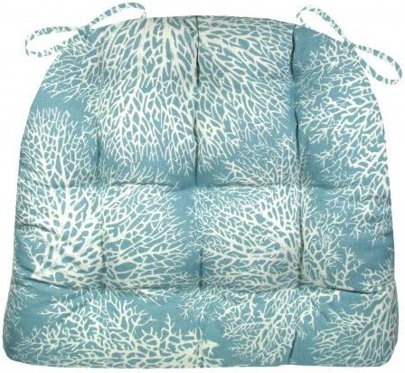 Barnett Home Decor Ariel Fan Coral Dining Chair Pad with Ties - Large Size 19 Chair Pad - Latex Foam Fill - 100% Cotton, Made in USA - Machine Washable, Reversible (Aqua)