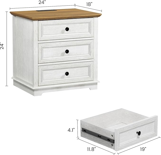 Nightstand with Charging Station Set, 24” Wide End Table with 3 Drawers Set of 2, Modern Bedside Table with Storage, Wood Small Dresser for Bedroom Living Room. (White)