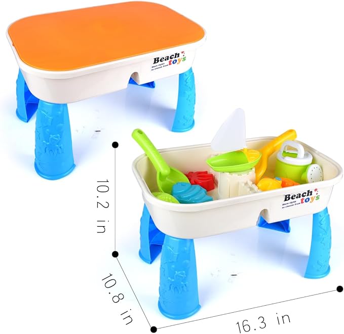Beach Sand & Water Activity Table for Kids – Portable Play Table with Lid, Toys & Storage – Outdoor Backyard Summer Toy Set with Shovel, Watering Can, Boat & Molds