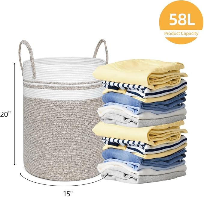 58L Large Laundry Basket, Laundry Hamper with Handles, Clothes Storage Basket, Tall Woven Rope Storage Basket for Dirty Clothes, Blankets, Pillows in Bathroom, Bedroom (Brown, 15 x 20in)