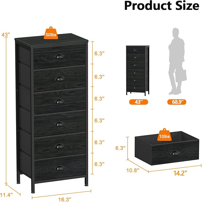 Furnulem Tall Dresser with 6 Drawers,Vertical Bedside End Table & Chest for Bedroom,Black Storage Tower Dorm Nightstand with Fabric Drawer Organizer Unit Furniture in Living Room,Closet,Hallyway