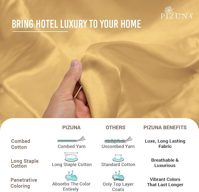 Pizuna Pure 100% Cotton Queen Duvet Cover Set, Luxurious 400 Thread Count Long Staple Cotton Sateen Weave with Button Closure (Combed Golden Yellow Cotton Duvet Cover Queen)
