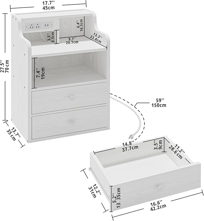 LIKIMIO White Nightstand with Charging Station 2 Drawers and Storage Shelves, Left and Right Interchangeable Sockets Bed Side Table Night Stand with Drawer