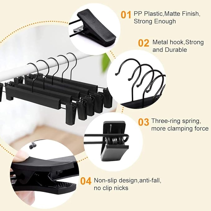 Pants Hangers with Clips, Skirt Hangers, 360 ° Swivel Hooks Space Saving Hanger for Pants, Skirts, Clothes, Jeans (10Pack, Black)