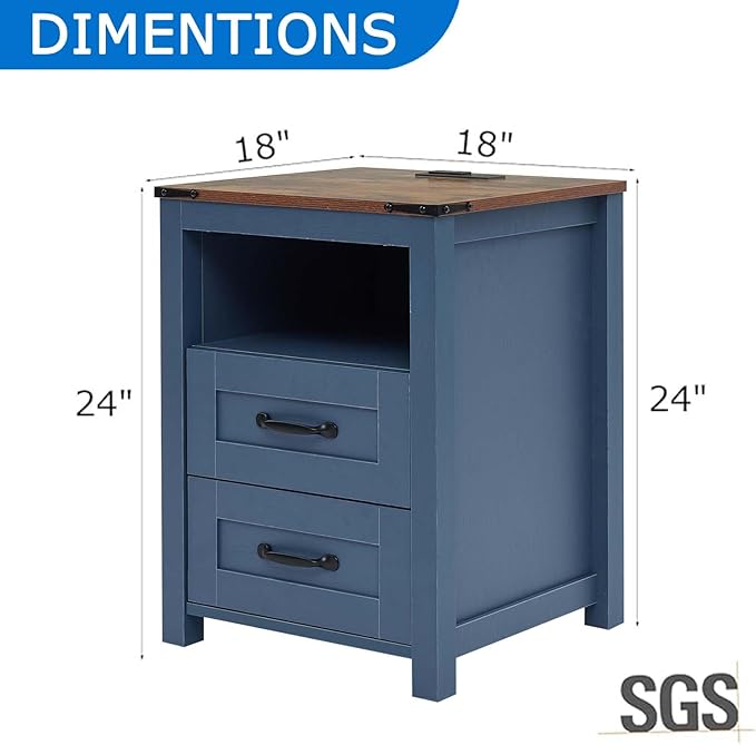Farmhouse Nightstand with Charging Station & Drawers, Blue Wood Bedside Table, End Table with 2 Storage Drawers & USB Ports for Bedroom, Dorm，Blue