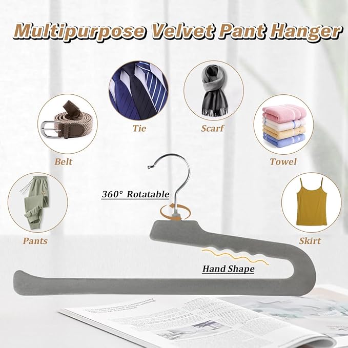 Velvet Pants Hangers,16 Pack Non Slip Felt Slack/Trouser Hanger,Slim & Sleek Heavy Duty Space Saving Closet with 360° Swivel Hook,Tank Top Hangers for Shorts,Jeans,Suit Pants,Towel(Grey)
