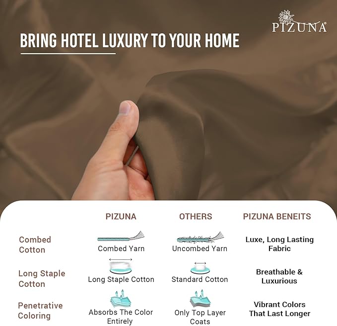 Pizuna Pure 100% Cotton Full Duvet Cover Set, Luxurious 400 Thread Count Long Staple Cotton Sateen Weave with Button Closure (Combed Woody Brown Cotton Duvet Cover Full)