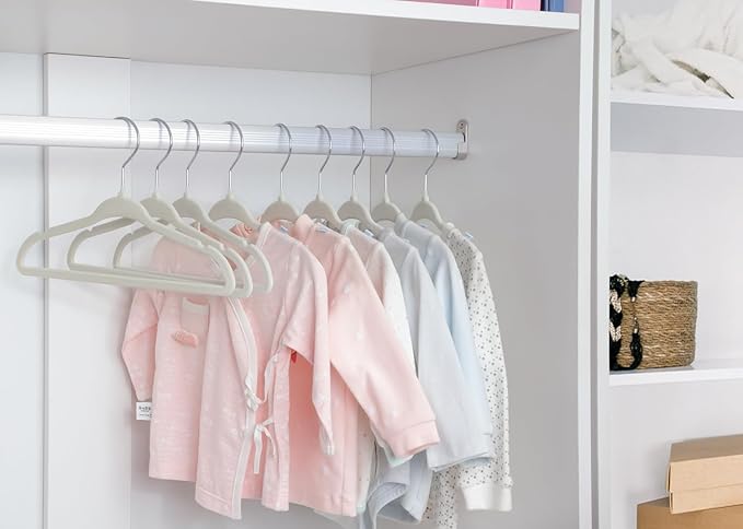 ManGotree 11" Baby Velvet Hangers, Non-Slip Infant Coat Hangers, Ultra-Thin Toddler Felt Hanger with 360° Swivel Hook, Space Saving Children's Hanger for Kids Clothes, 48 Pack (Beige)
