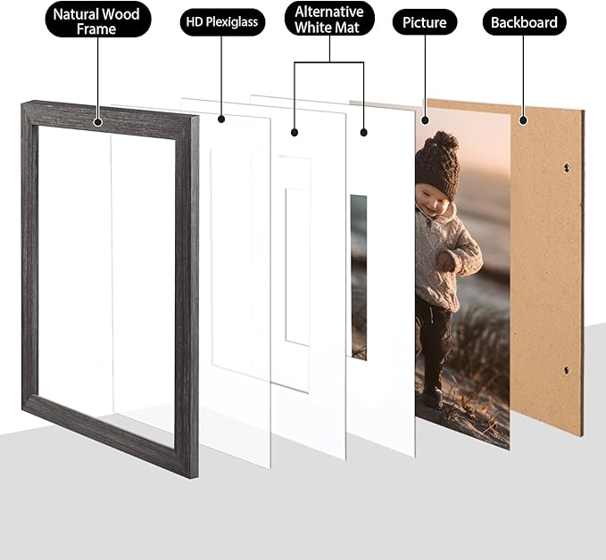 KINLINK 12x16 Picture Frame Ash Black, Solid Wood Frames with Acrylic Plexiglass for Pictures 11x14/9x12 with Mat or 12x16 without Mat,Wall Display, Set of 4