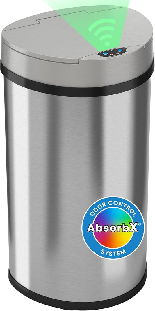 iTouchless 13 Gallon Kitchen Trash Can with Odor Control System, Stainless Steel Extra-Wide Opening Touchless Automatic Garbage Bin, Brshed Silver, Semi Round, Sensor