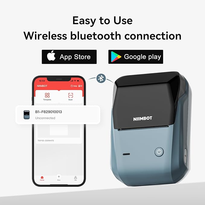 NIIMBOT B1 Label Maker Machine with Tape, 2 Inch Portable Sticker Printer for Home School & Small Business, Compatible with Phones & PC, Blue