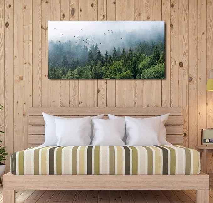 Green Forest Wall Art Tropical Forest Mountain Bird Contemporary Canvas Pictures Modern Artwork Framed for Bathroom Bedroom Nursery Living Room Home Office Kitchen Wall Decor 20" x 40"