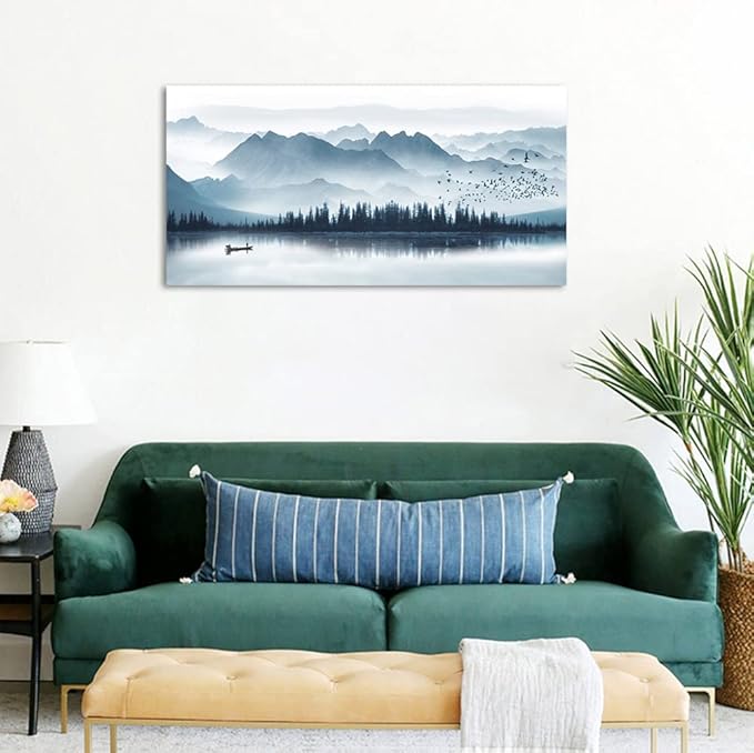 arteWOODS Indigo Canvas Wall Art Misty Mountain Wall Pictures Foggy Lake Boat Canvas Painting Blue Forest Birds Canvas Wall Decor for Living Room Wall Decorations Framed Ready to Hang 29" x 58"