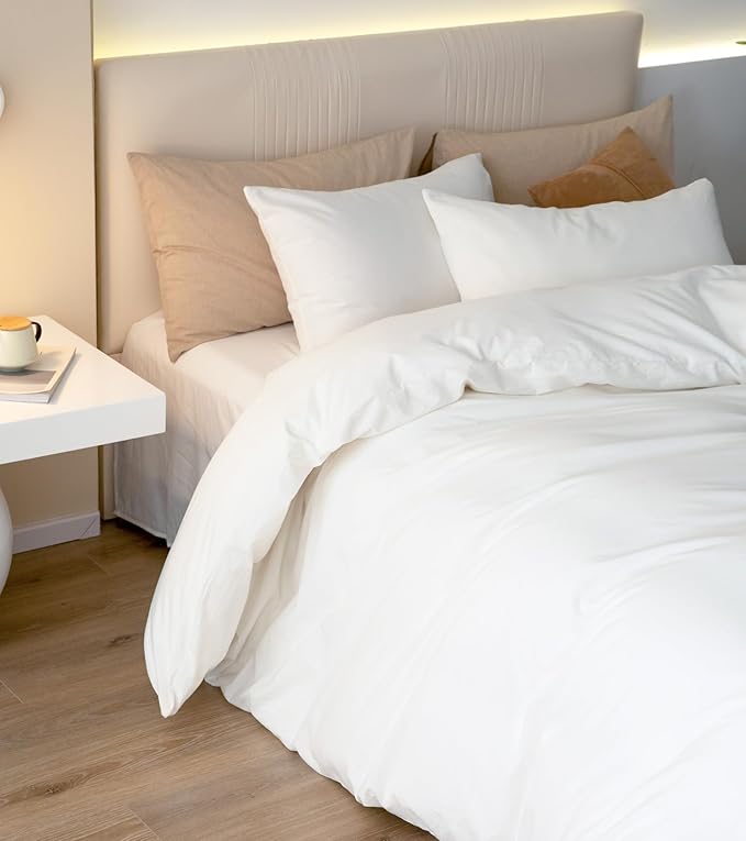 JIYUAN 100% Washed Cotton Duvet Cover Set 3 Pieces Queen, 1 Duvet Cover 90x90 Inches(Comforter Not Included) and 2 Pillowcases,Linen Feel Bedding Set Comfy and Breathable,Bright White