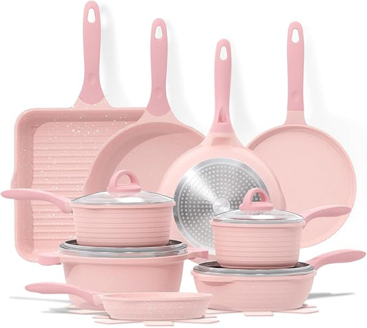 JEETEE Pink Pots and Pans Set Nonstick 23pcs, Healthy Kitchen Cookware Sets, Induction Cooking Set Pink Frying Pans, Saucepans, Sauté & Griddle & Crepe Pan (PFOA Free)