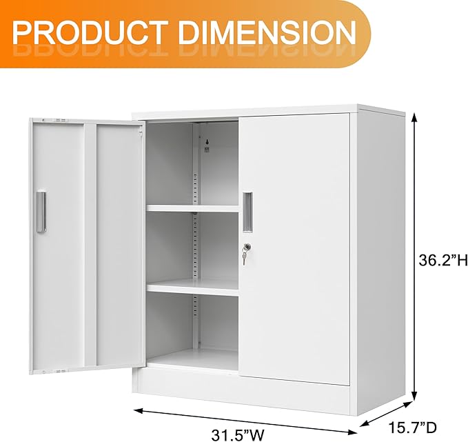 Metal Garage Storage Cabinets，36" Steel File Cabinet with 2 Adjustable Shelves, Lockable Storage Cabinets for Office, Home, Garage, Warehouse 36.2" H x 31.5" W x 15.7" D (White)