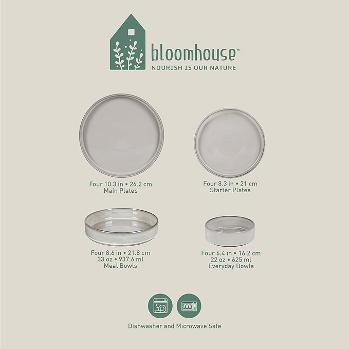 Bloomhouse - Oprah's Favorite Things - Santorini Mist Double Bowl Terracotta Reactive Glaze Plates and Bowls Dinnerware Set - Moonstone White, Service for Four (16pcs)