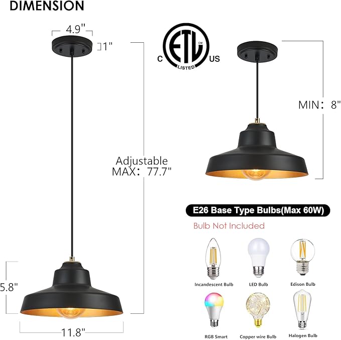 12 Inch Black Pendant Light Fixture,Farmhouse Hanging Lamp Adjustable Height Dome Pendant Lights for Kitchen Island Dining Room,3 Pack