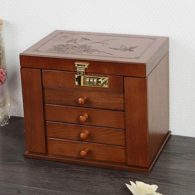 FEECOZ Wooden Jewelry Box for Women, Jewelry Storage Box with Combo Lock for Jewelries, Necklaces, Rings, Vintage Style 4-drawer Organizer Box with Mirror (Dark Brown)