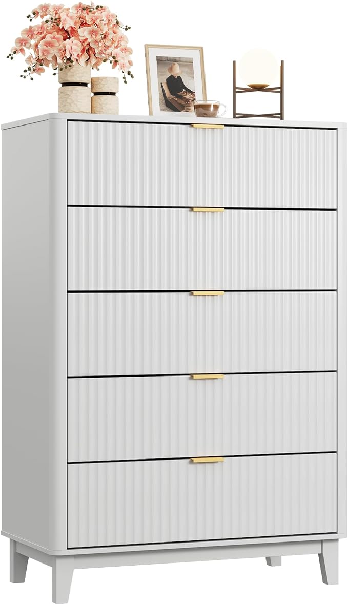 WLIVE Fluted Dresser for Bedroom with 5 Drawers, 46.26" Tall Wood Dresser with Golden Metal Handles, Mid Century Modern Chest of Drawers for Living Room, Hallway, Closet, Solid White