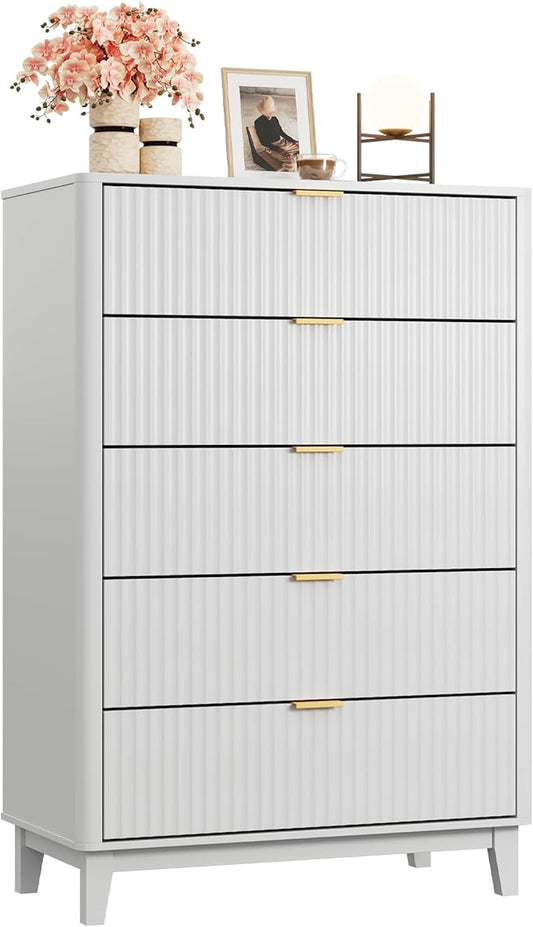 WLIVE Fluted Dresser for Bedroom with 5 Drawers, 46.26" Tall Wood Dresser with Golden Metal Handles, Mid Century Modern Chest of Drawers for Living Room, Hallway, Closet, Solid White