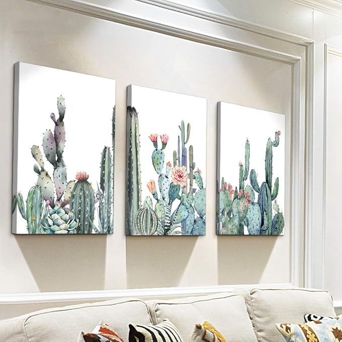 Canvas Wall Art For Bedroom Living Room Canvas Prints Artwork Bathroom Wall Decor Green Plants Succulent Cactus Flower Painting 20" X 28" 3 Pieces Modern Framed Ready To Hang Office Home Decorations