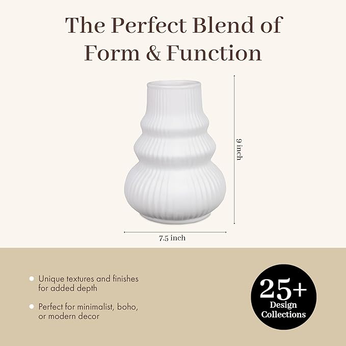 Young's Inc White Stoneware Vase – Modern Organic Decorative Home Accent, Textured Ceramic Table Centerpiece with Sculptural Curves, 7 inch Tall
