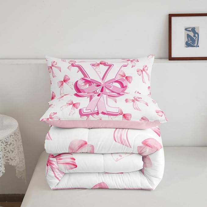 jejeloiu Kids Girls Cute Pink Bow Comforter Set King Size Monogrammed Bedding Set Ultra Soft Personalized Initial Y Duvet Quilt Coquette Bow Knot Quilt Set Room Decor Modern Fashion Comforter