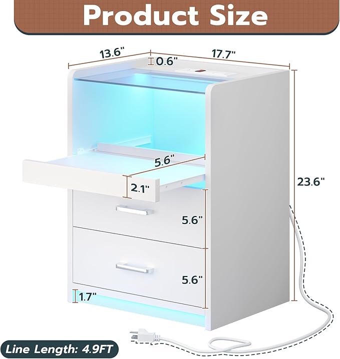 VIAGDO White Nightstand with Charging Station and LED Lights, 2 Drawers LED Night Stand with Tempered Glass Tabletop, Modern End Side Tables with Pull-Out Tray, Open Storage Bedside Tables