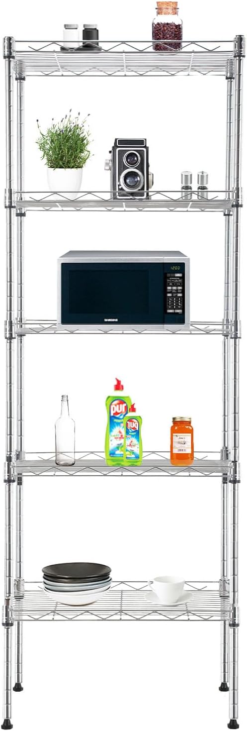 PayLessHere 5-Tier Adjustable Wire Shelf 12" W x 17" D x 48" H Max Load 750 lbs, Easy Assembly, Versatile Storage Solution, Durable and Stable for Home and Office,Chrome