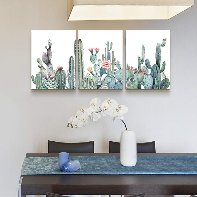 Canvas Wall Art for bedroom living room Canvas Prints Artwork bathroom Wall Decor Green plants cactus flower watercolor painting 16" x 24" 3 Pieces modern Framed Ready to hang Office Home Decoration