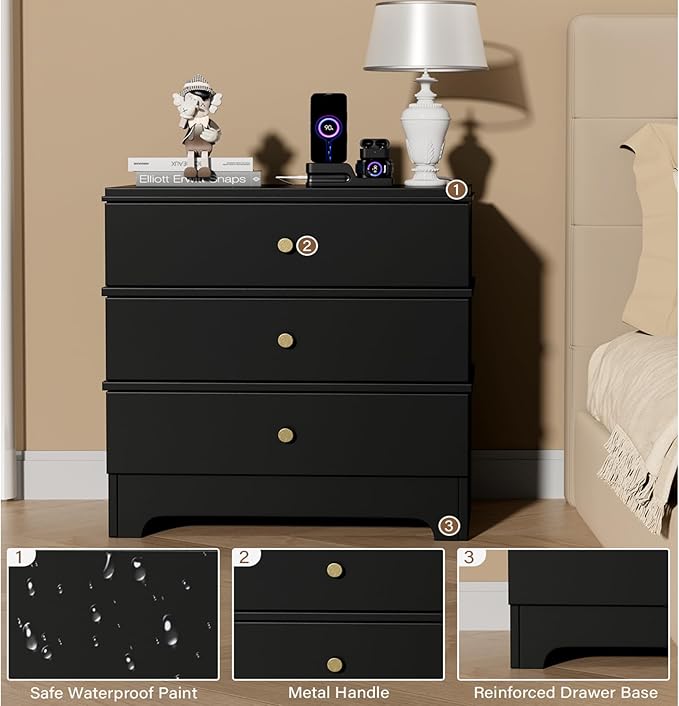 3 Drawer Nightstand with Charging Station,24" Farmhouse Night Stand, Small Chest of Drawers, Wood Bedside Table Cabinet for Bedroom, Living Room, Hallway, Black
