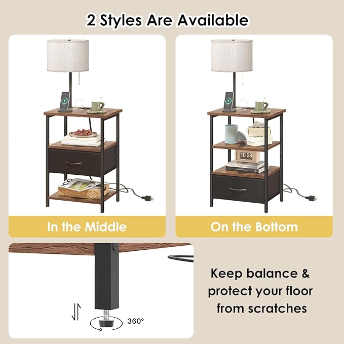 Fixwal Nightstand with LED Lights Bedside Table with 3 Color Temperatures Bulb, Tall NightStand with Charging Station End Table with Adjustable Fabric Drawer for Bedroom Dorm
