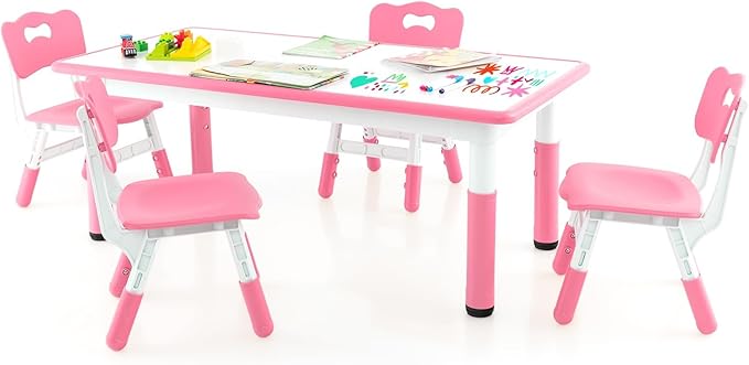 HONEY JOY Kids Table and Chair Set, Height Adjustable Children Activity Table and 4 Chairs Set w/Erasable Graffiti Desktop, Toddler Table and Chair Set for Daycare, Classroom, Home (Pink)