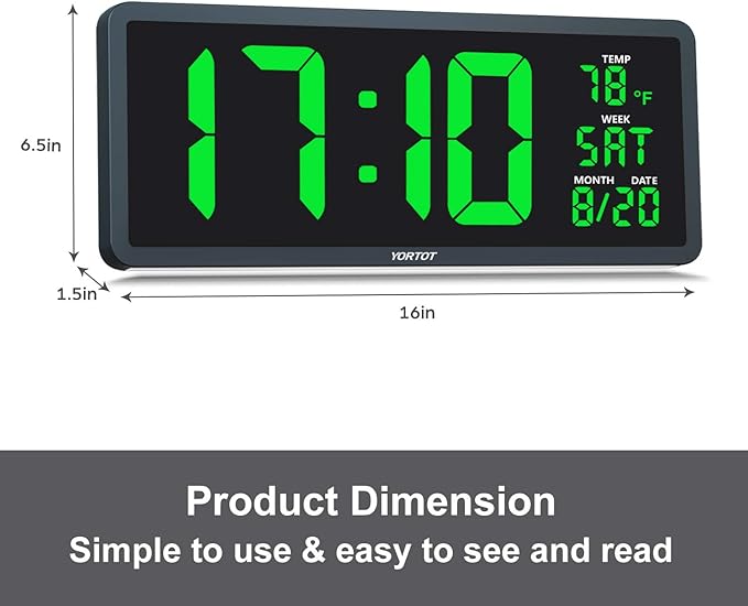 YORTOT 16” Large Digital Wall Clock with Remote Control and 7 Night Lights, 4 Level Dimmer, Super Easy to See, Big LED Clock with Indoor Temperature, Date, Perfect for Home, Office, Gym (Green)
