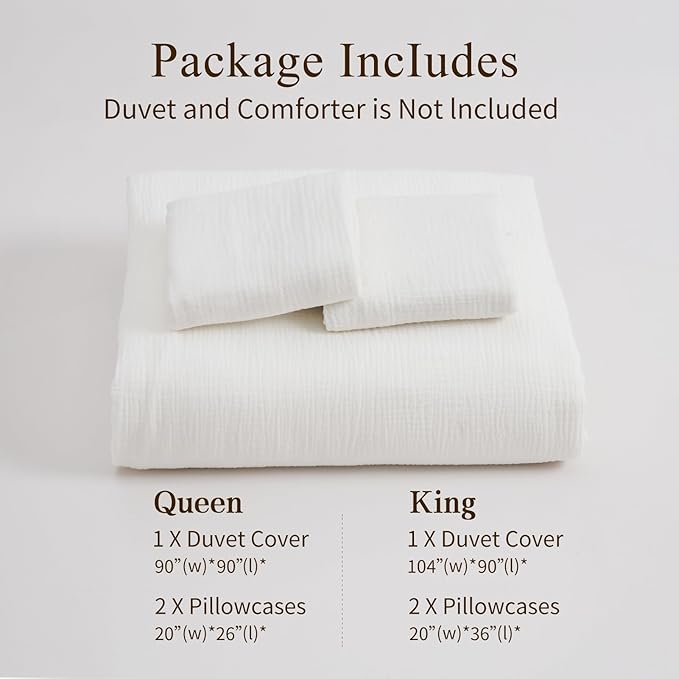 MEISHANG Muslin Duvet Cover Queen Size - 100% Organic Cotton, Soft Textured Gauze Weave Comforter Cover for Breathable All-Season with Zipper Closure - 3 Piece Set (Queen, White)
