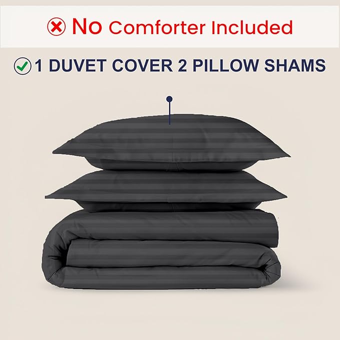 Kotton Culture 120"x98" 3 Pc Oversized King Duvet Cover Set 100% Egyptian Cotton - 600 TC Comforter Cover, Zipper Closure & Corner Ties - Fits Large King Inserts (Oversized King,Striped Dark Grey)
