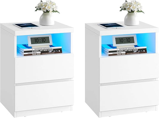 VASAGLE Set of 2 Nightstands with Adjustable LED Lights, Bedside Tables with Drawers, Side Tables, for Bedroom, Modern Minimalist Style, White ULET934T14
