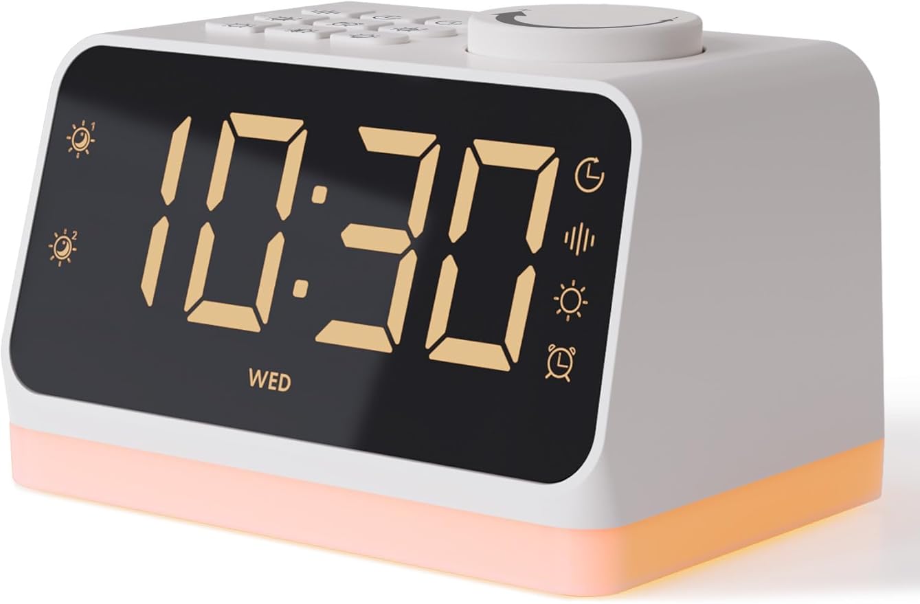 BABELIO Alarm Clock Sound Machine with Sleep Training, 17 Smoothing Sounds, Night Light, Timer, Gentle Wake up for Bedrooms, Adults, Kids and Baby