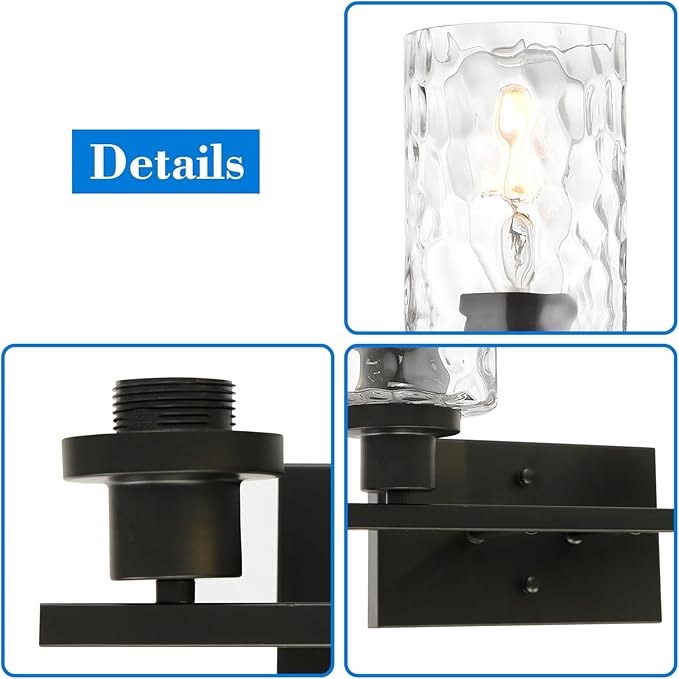 MELUCEE Wall Light Fixture, 4-Light Black Bathroom Vanity Light Over Mirror with Clear Hammered Glass, Modern Wall Sconces Lamp for Powder Room Bedroom Kitchen Porch (Patent No.: US D963914 S)