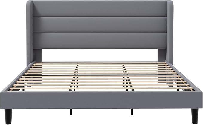 SHA CERLIN King Size Velvet Bed Frame/Vertical Channel Tufted Wingback Headboard/Upholstered Platform Bed with Wooden Slats/Mattress Foundation/No Box Spring Needed/Easy Assembly/Grey
