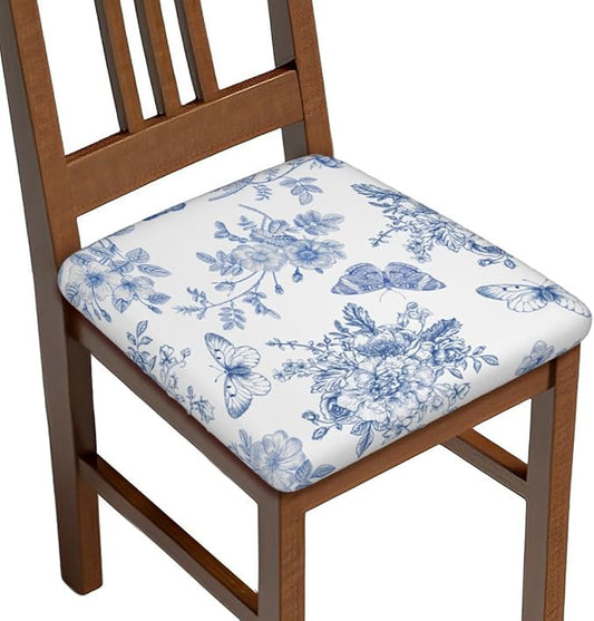 Seat Covers for Dining Room Chairsset of Set of 6, Blue White Floral Butterfly Flower French Stretch Chair Seat Covers Cushion Slipcovers for Kitchen Office