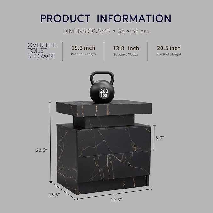 LED Nightstands, Bedside Table with 2 Drawers, Modern Bedroom Furniture with Changing RGB Light & Remote for Bedroom and Living Room, Black Marble Pattern