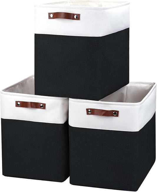Large Fabric Storage Baskets | 50L Storage Bins, Decorative Linen Closet Baskets with Handles for Organizing, Shelf, Toys, Clothes, Home, Office, Nursery, 17x12x15Inches (Black&White)
