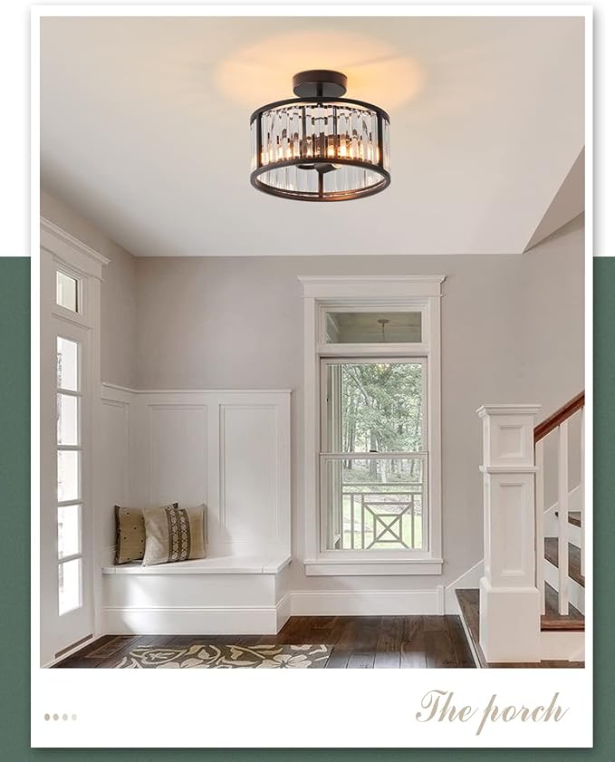 Black Flush Mount Ceiling Light, 2- Light Caged Crystal Chandelier , Small Drum Hallway Light Fixtures Ceiling Mount (Black)